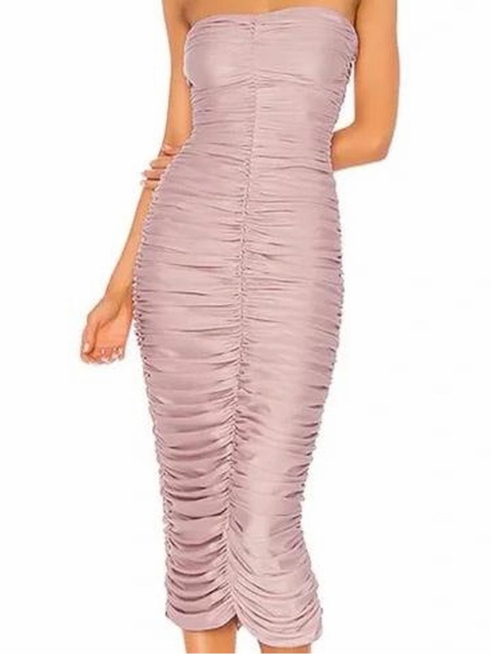Norma Kamali Strapless Ruched Midi Dress in Dusty Rose